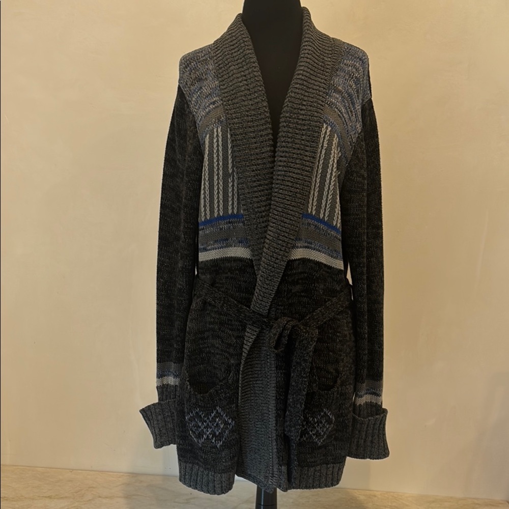 Autumn Cashmere Belted Cotton Coat Sweater Gray Black L Boho Detail Pockets